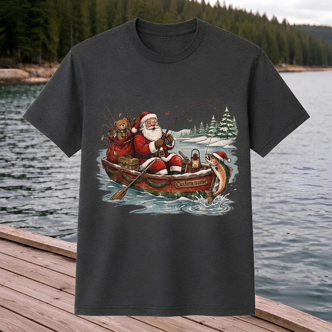 Personalized Christmas Fishing Shirt, Santa Fishing T-Shirt, Funny Fisherman Christmas Gift for Dad