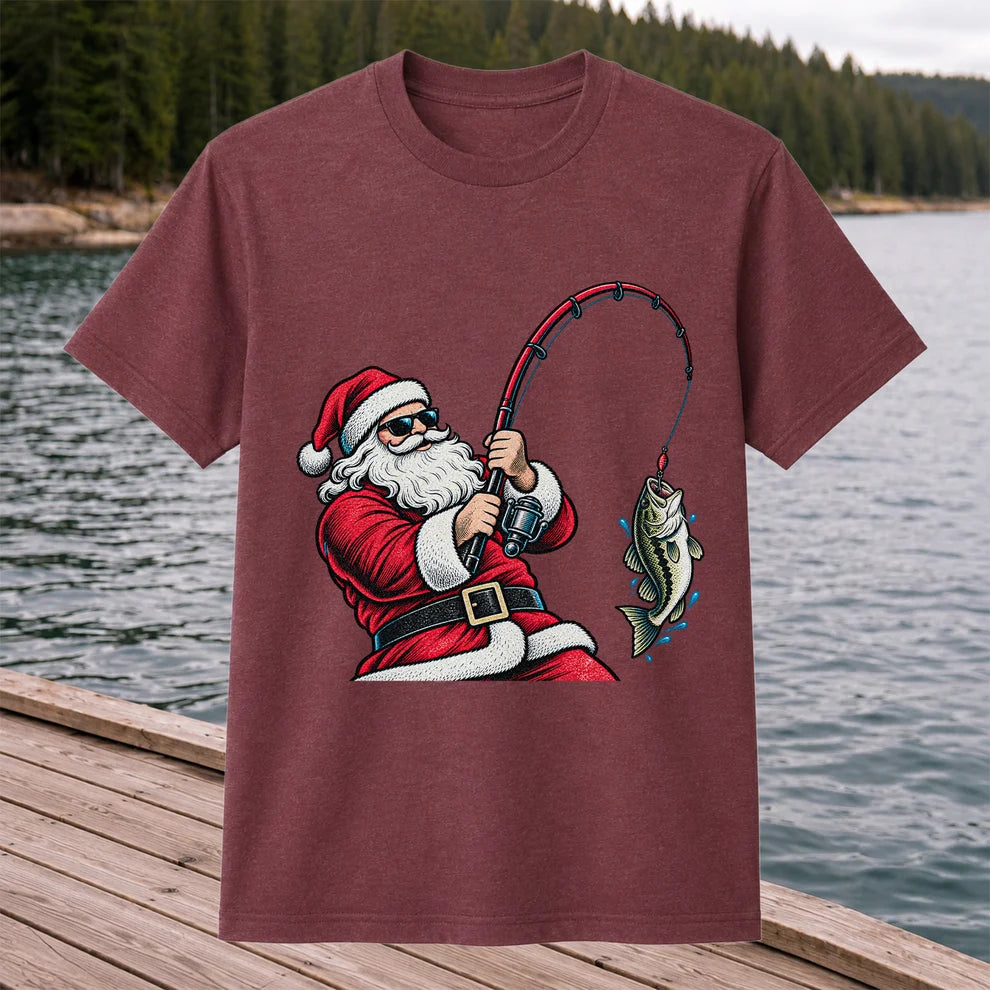 Santa Claus Catching a Bass Christmas Fishing Graphic T-Shirt