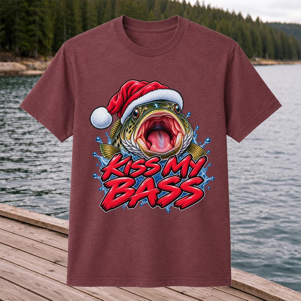Kiss My Bass Santa Hat Funny Christmas Fishing T-Shirt