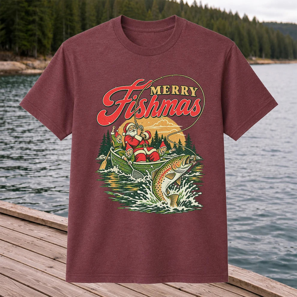 Merry Fishmas Santa and Elves Trout Fishing Christmas T-Shirt