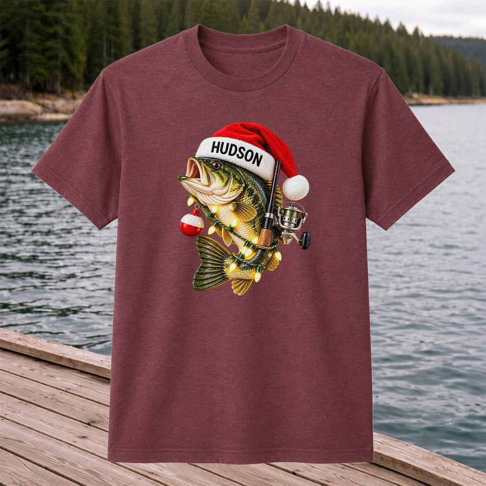 Hudson Santa Hat Bass Christmas Fishing Graphic T-Shirt