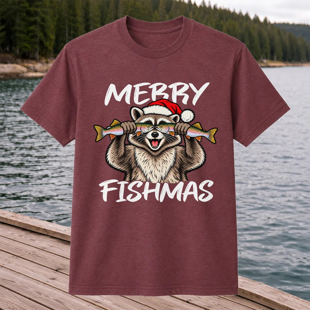 Merry Fishmas Raccoon Rainbow Trout Christmas Fishing T-Shirt