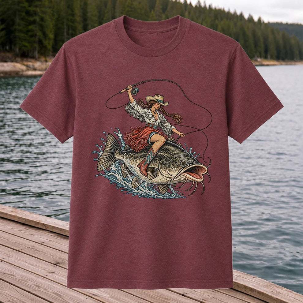 Cowgirl Riding a Largemouth Bass Fishing Graphic T-Shirt