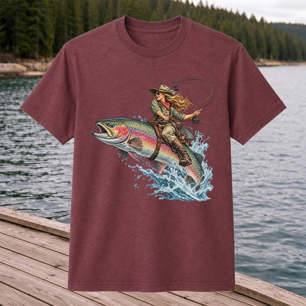 Cowgirl Riding a Rainbow Trout Fly Fishing Graphic T-Shirt