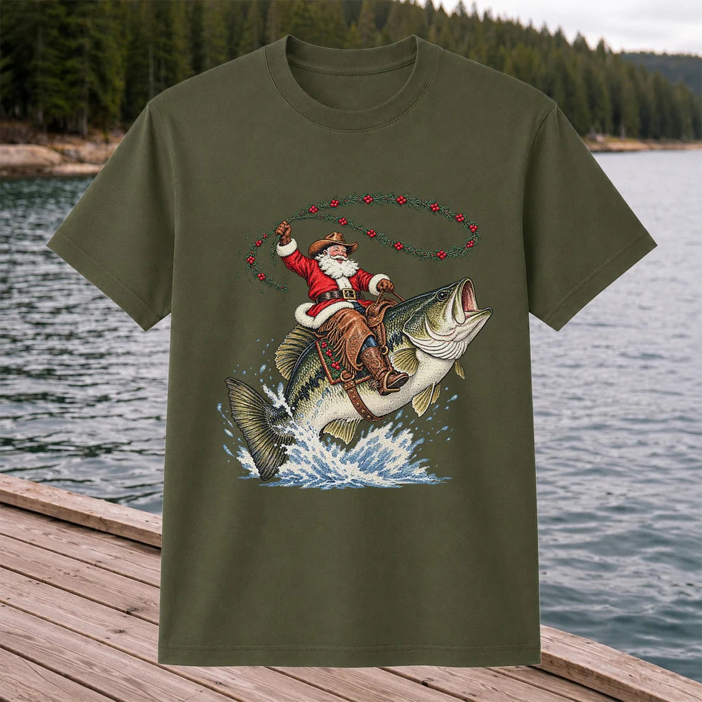 Cowboy Santa Riding a Jumping Bass Christmas Fishing Graphic T-Shirt