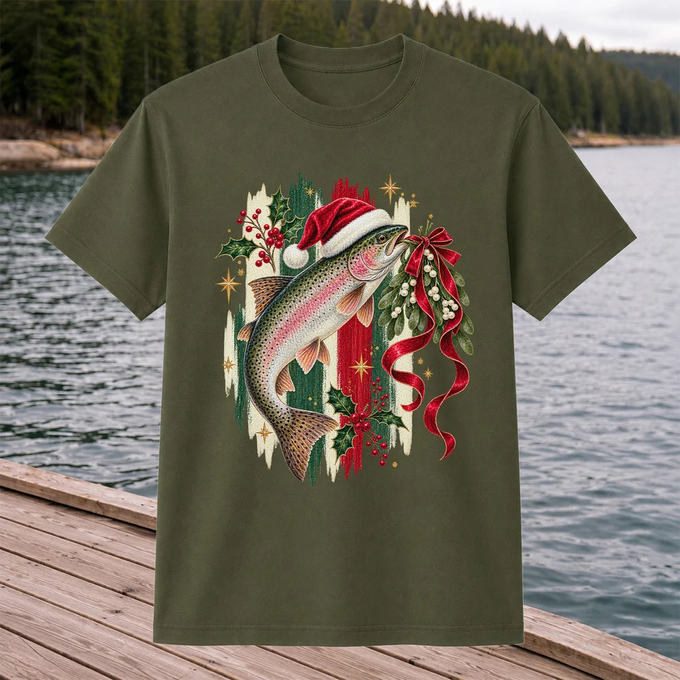Christmas Santa Hat Rainbow Trout Fishing Graphic T-Shirt