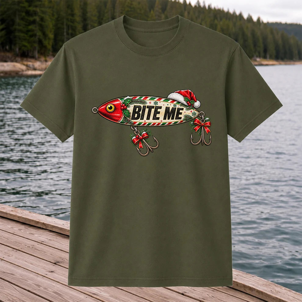Bite Me Christmas Fishing Lure Funny Graphic T-Shirt