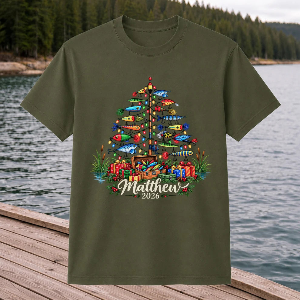 Personalized Christmas Fishing Lure Tree Name Graphic T-Shirt
