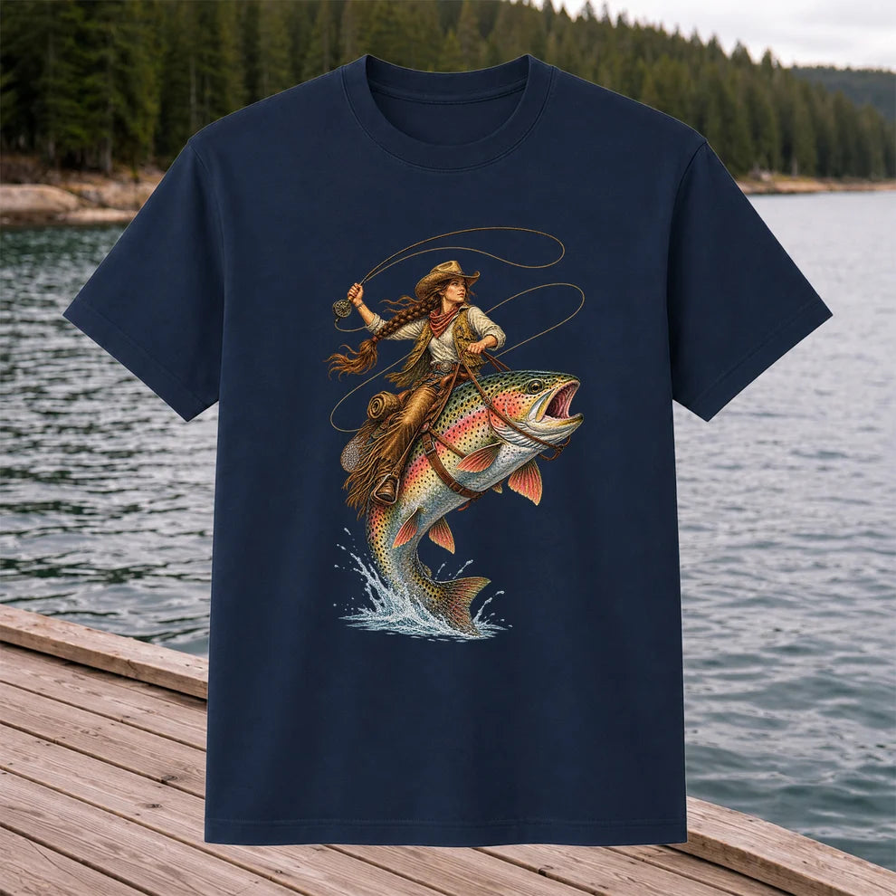 Western Cowgirl Riding a Rainbow Trout Fly Fishing Graphic T-Shirt