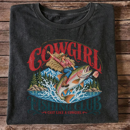 Cowgirl Riding Trout Fishing Club Graphic T-Shirt