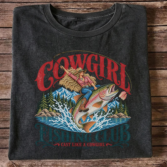 Cowgirl Riding Trout Fishing Club Graphic T-Shirt