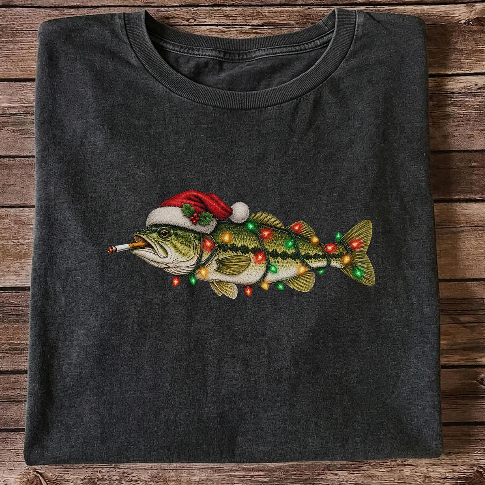 Christmas Bass Fishing Lights and Santa Hat Graphic T-Shirt