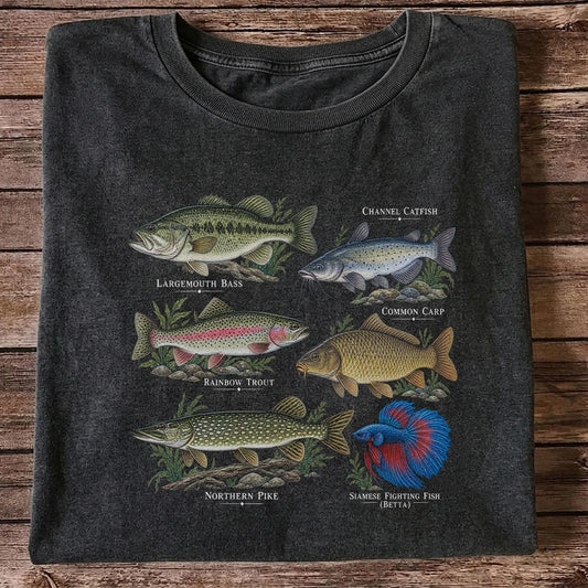 Bass Trout Catfish Carp Pike and Betta Freshwater Fish Graphic T-Shirt
