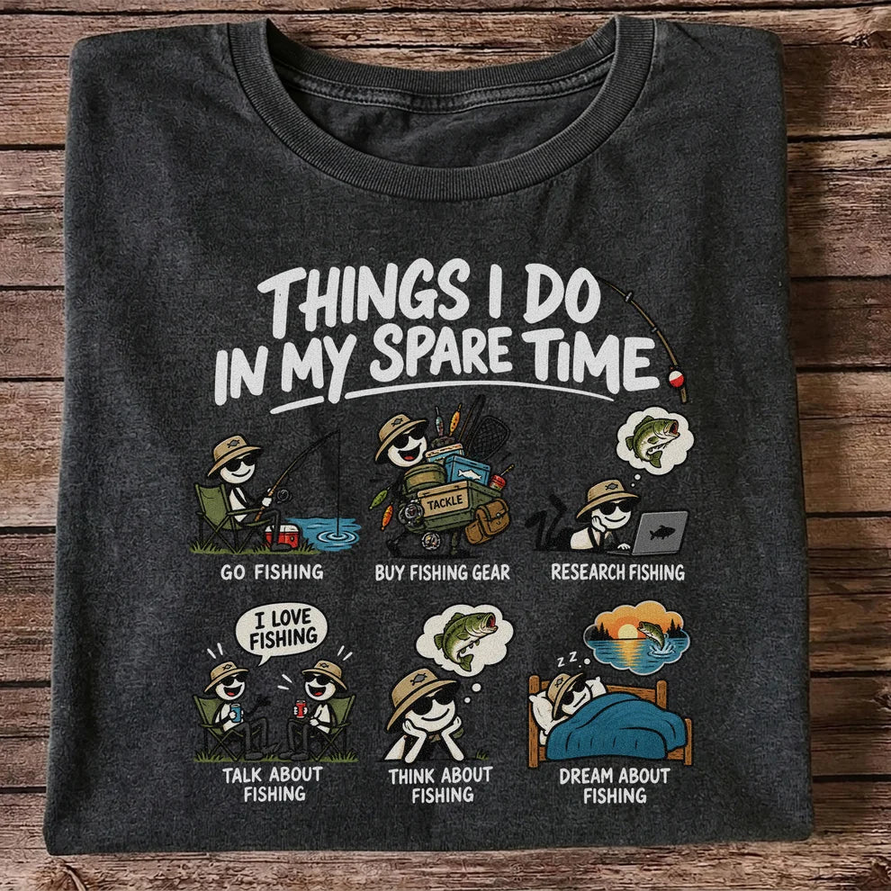 Things I Do in My Spare Time Funny Cartoon Angler Fishing T-Shirt
