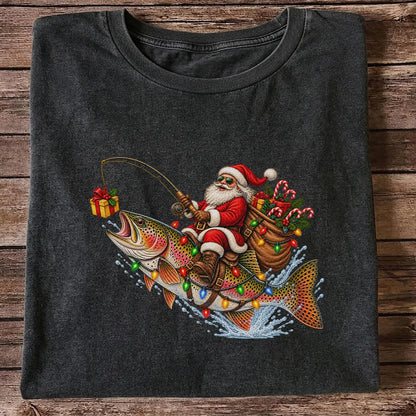 Santa Riding a Rainbow Trout Christmas Fishing Graphic T-Shirt