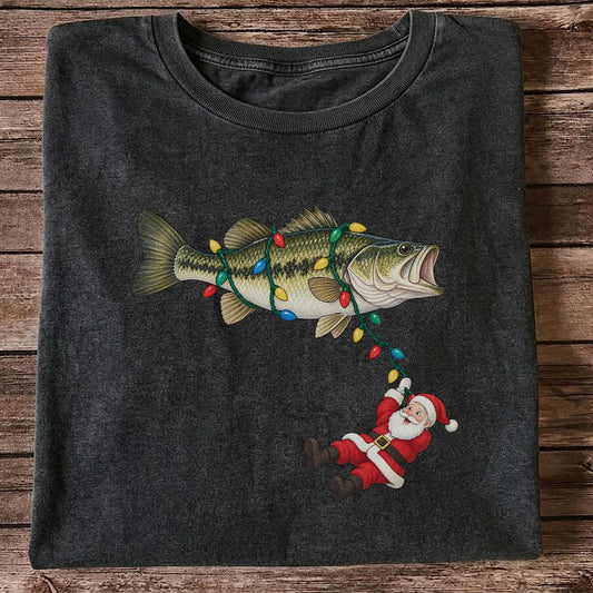 Santa Hanging from Christmas Lights on Bass Fishing Graphic T-Shirt
