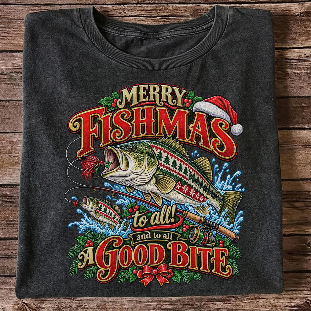 Merry Fishmas Christmas Sweater Pattern Bass Fishing T-Shirt