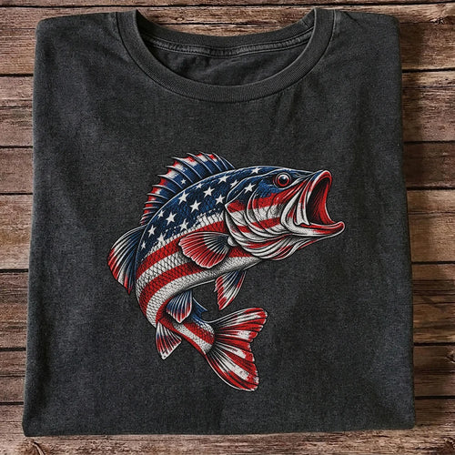 American Flag Largemouth Bass Patriotic Fishing Graphic T-Shirt