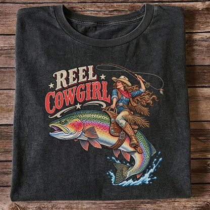 Reel Cowgirl Riding a Rainbow Trout Fly Fishing T-Shirt
