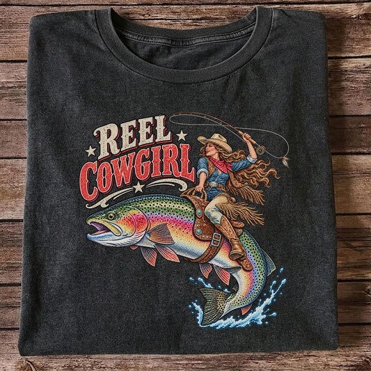 Reel Cowgirl Riding a Rainbow Trout Fly Fishing T-Shirt