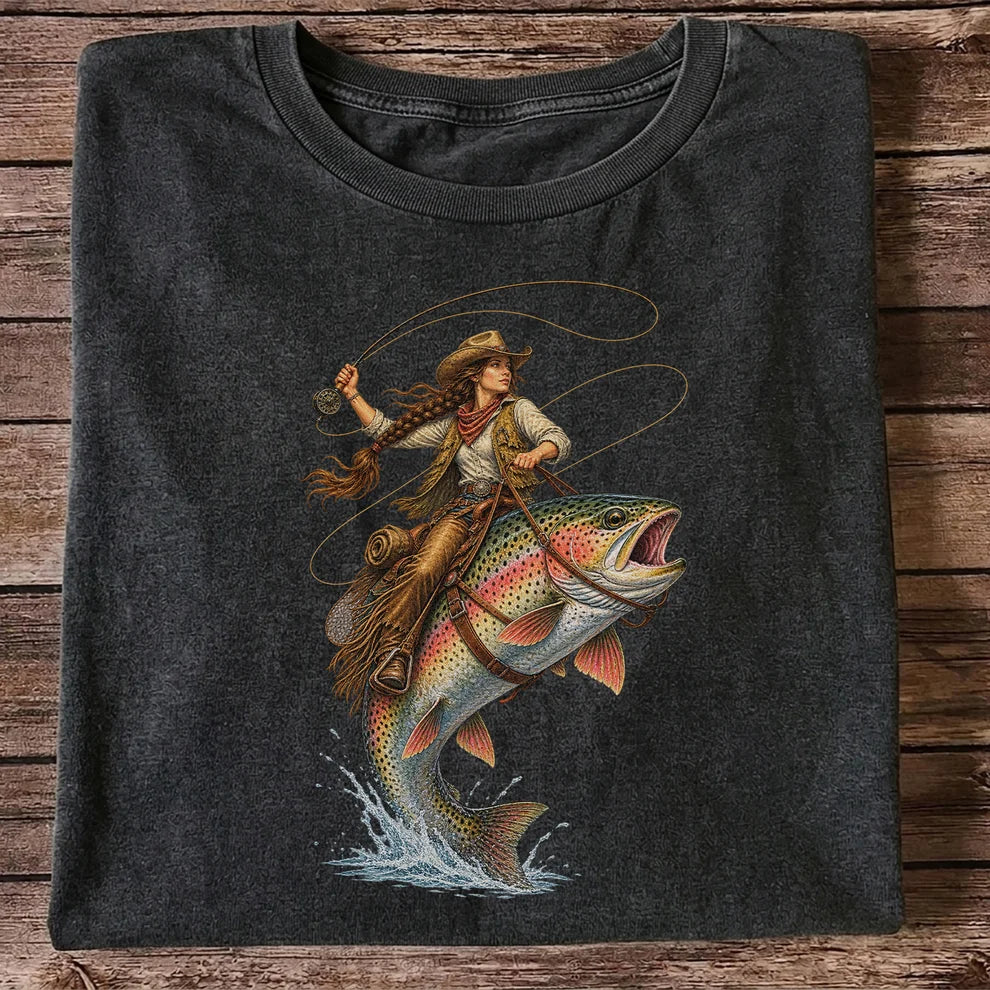 Western Cowgirl Riding a Rainbow Trout Fly Fishing Graphic T-Shirt