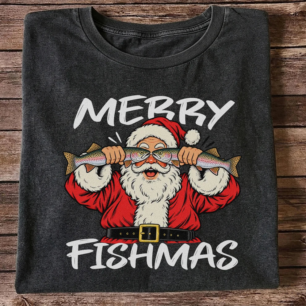 Merry Fishmas Santa Holding Rainbow Trout Christmas Fishing T-Shirt