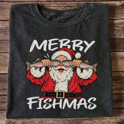 Merry Fishmas Santa Holding Rainbow Trout Christmas Fishing T-Shirt