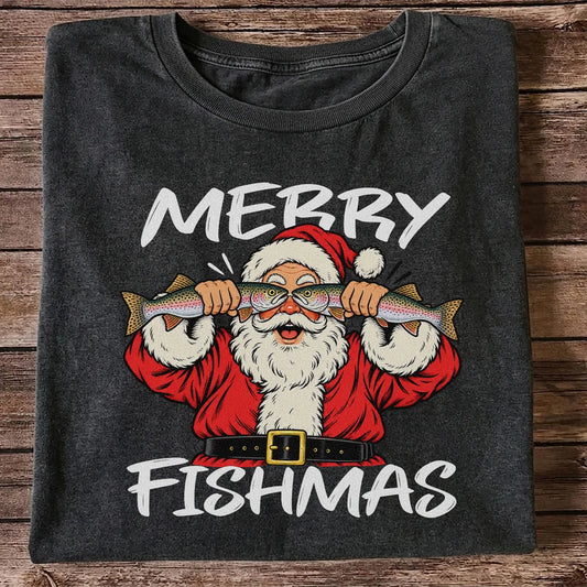 Merry Fishmas Santa Holding Rainbow Trout Christmas Fishing T-Shirt