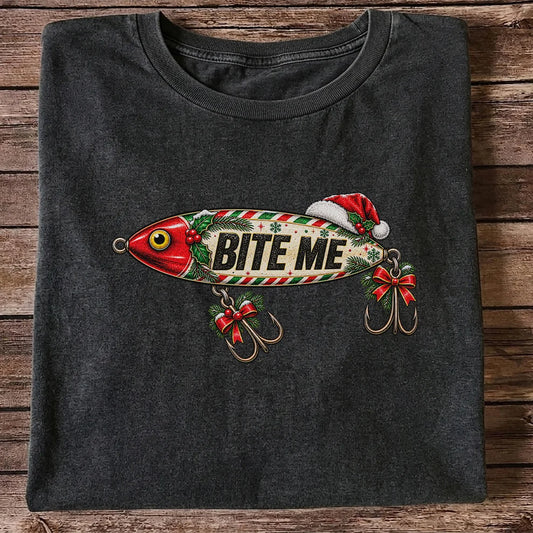 Bite Me Christmas Fishing Lure Funny Graphic T-Shirt