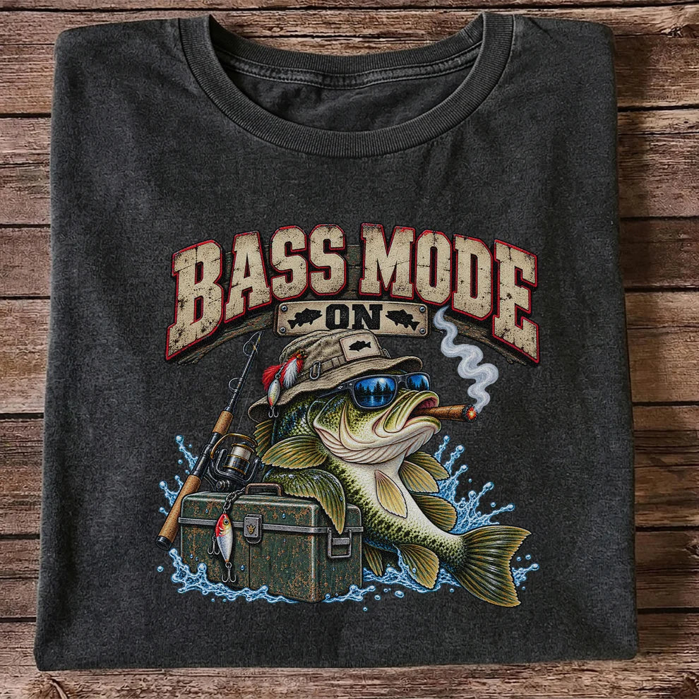 Bass Mode On Funny Bass with Cigar Fishing Graphic T-Shirt
