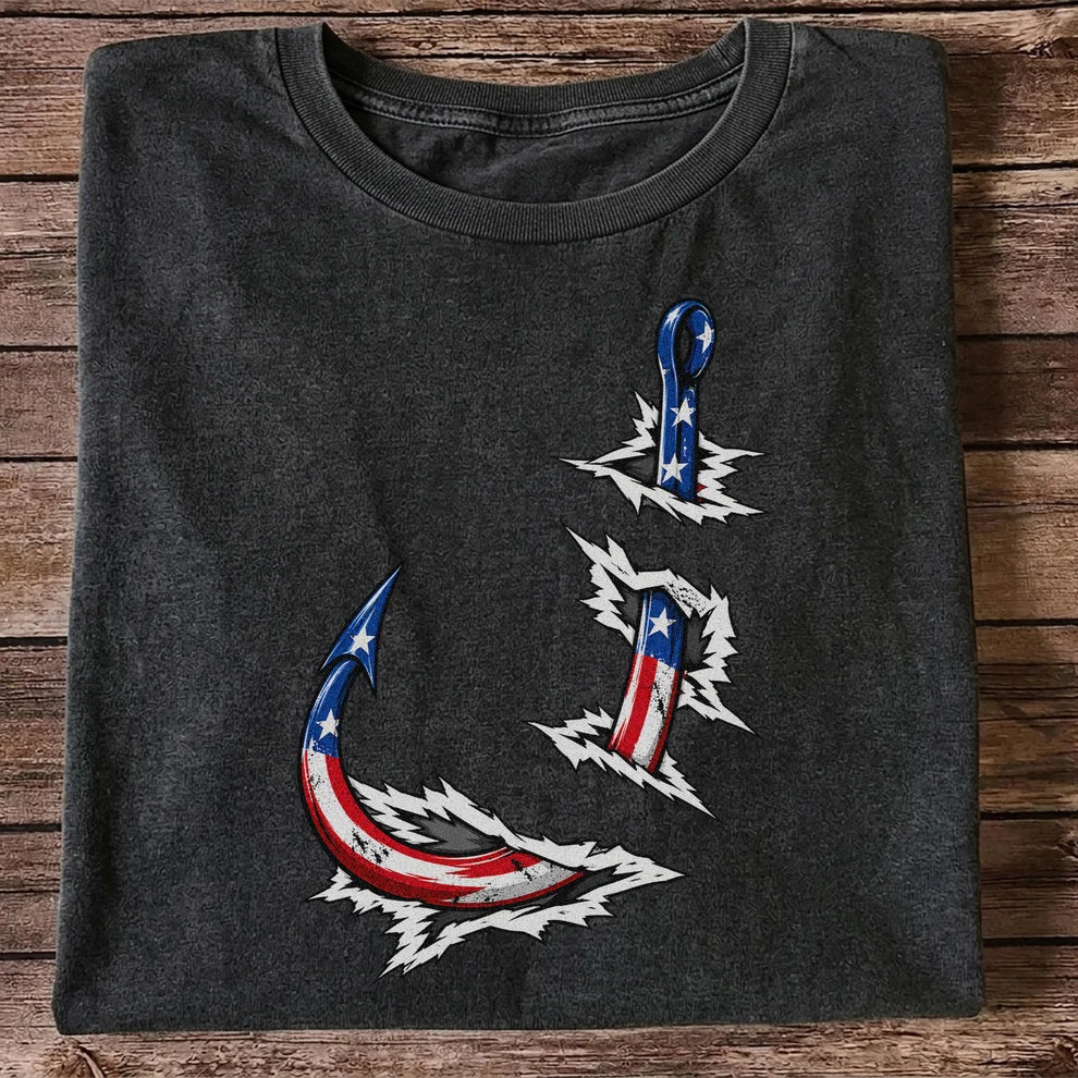Patriotic American Flag Fishing Hooks Graphic T-Shirt