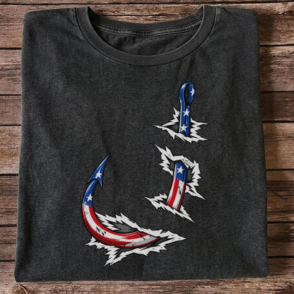 Patriotic American Flag Fishing Hooks Graphic T-Shirt
