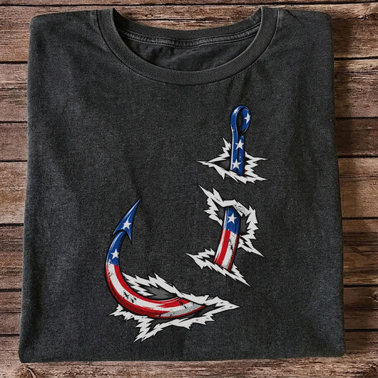 Patriotic American Flag Fishing Hooks Graphic T-Shirt
