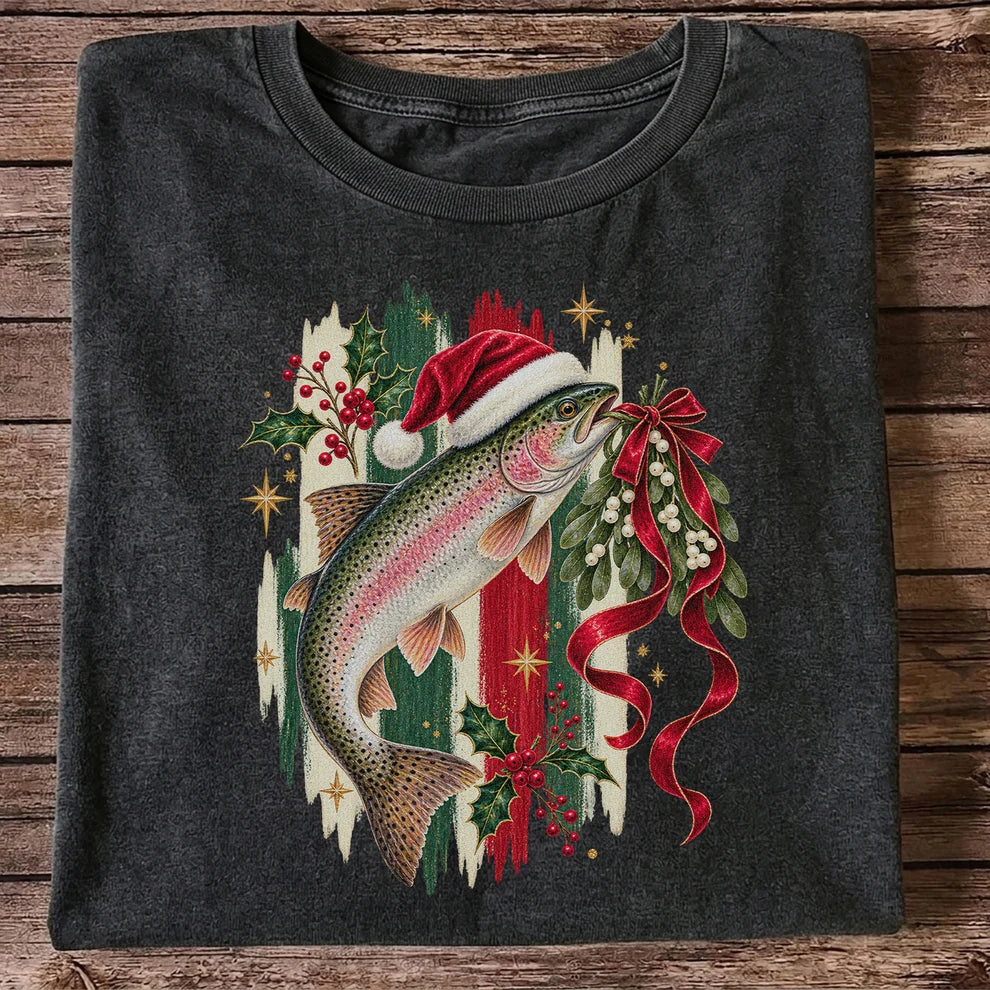 Christmas Santa Hat Rainbow Trout Fishing Graphic T-Shirt