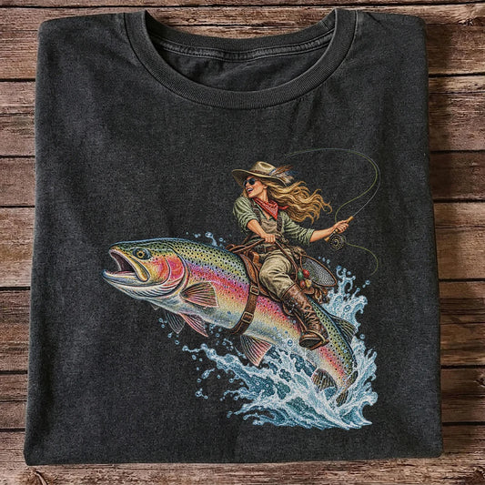 Cowgirl Riding a Rainbow Trout Fly Fishing Graphic T-Shirt