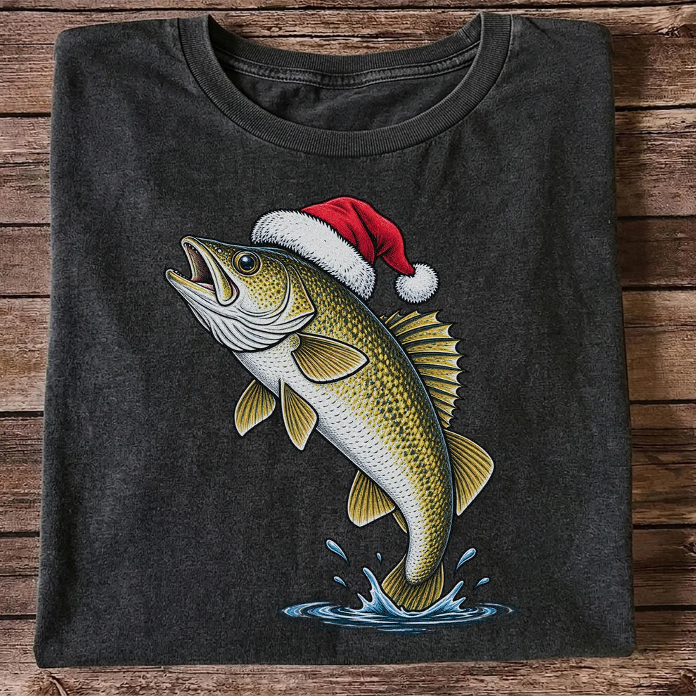 Santa Hat Walleye Christmas Fishing Graphic T-Shirt
