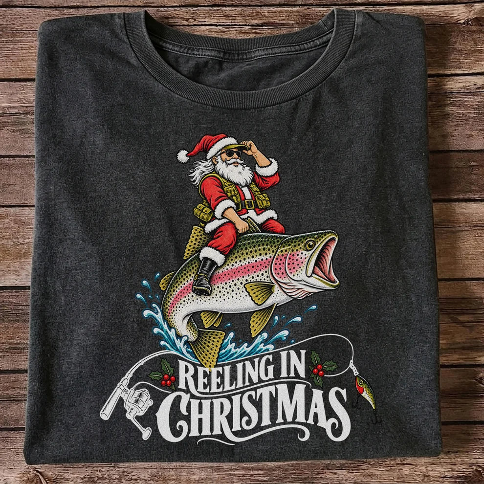 Reeling in Christmas Santa Rainbow Trout Fishing T-Shirt