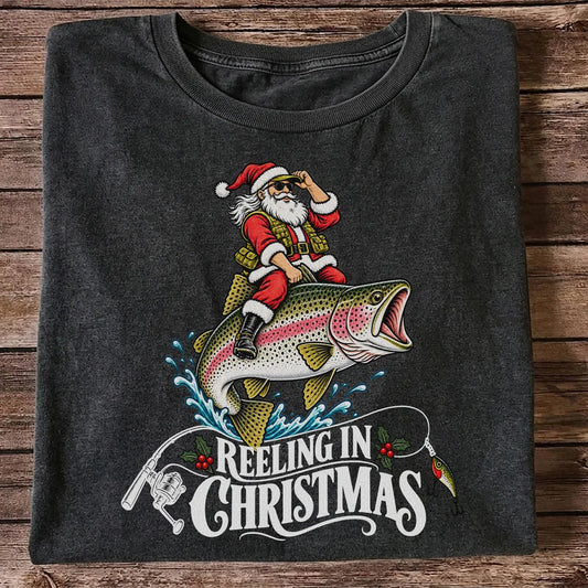 Reeling in Christmas Santa Rainbow Trout Fishing T-Shirt