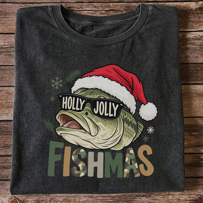 Bass Wearing Santa Hat and Holiday Glasses Fishing Graphic T-Shirt