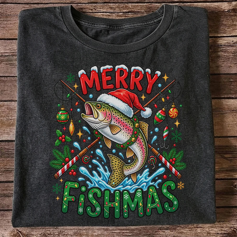 Merry Fishmas Santa Trout Christmas Fishing Graphic T-Shirt
