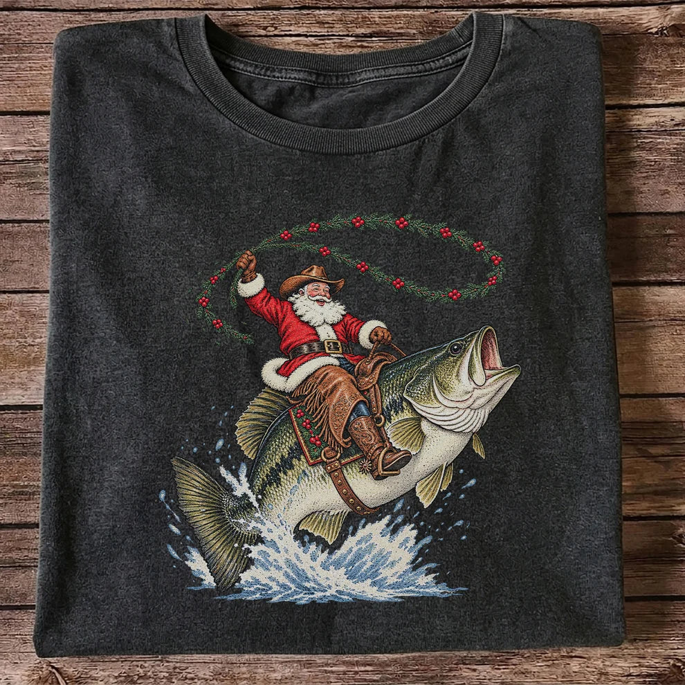 Cowboy Santa Riding a Jumping Bass Christmas Fishing Graphic T-Shirt