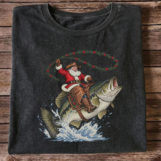 Cowboy Santa Riding a Jumping Bass Christmas Fishing Graphic T-Shirt