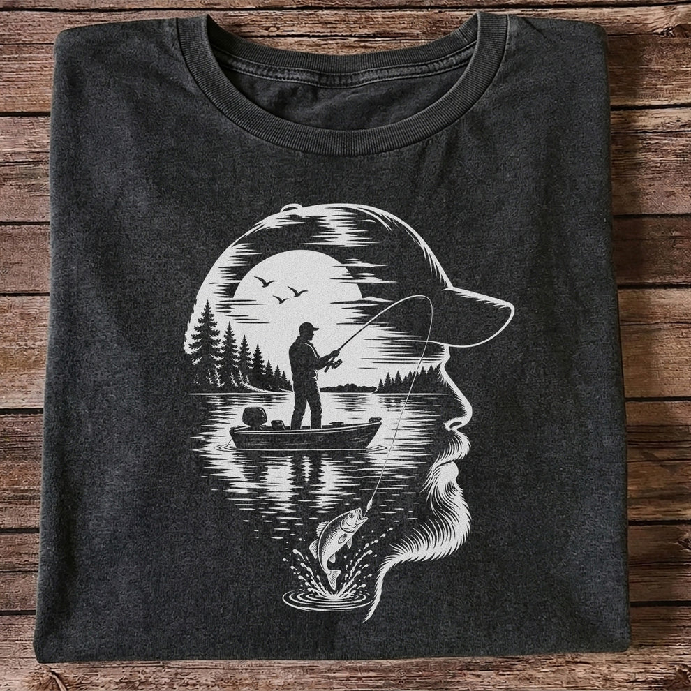 Bearded Angler Silhouette with Lake Fishing Scene Graphic T-Shirt