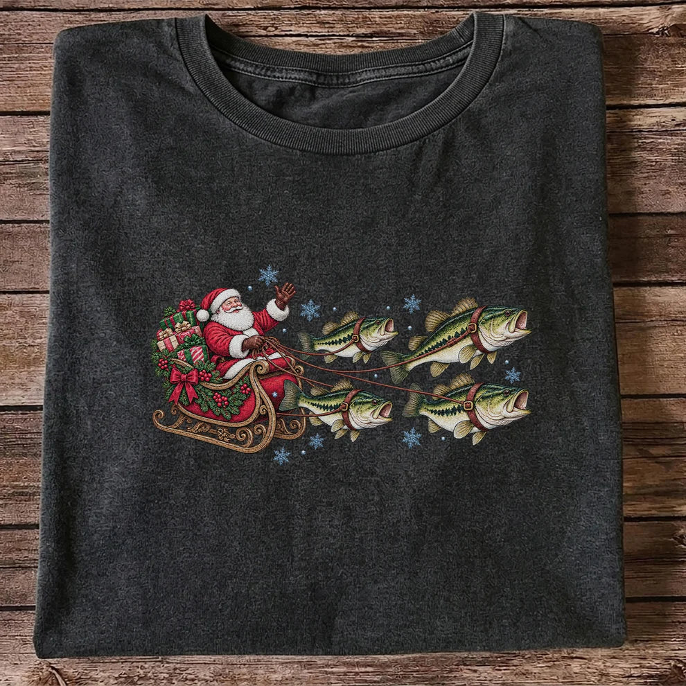 Santa in a Sleigh Pulled by Bass Christmas Fishing Graphic T-Shirt