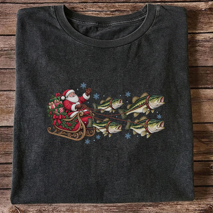 Santa in a Sleigh Pulled by Bass Christmas Fishing Graphic T-Shirt