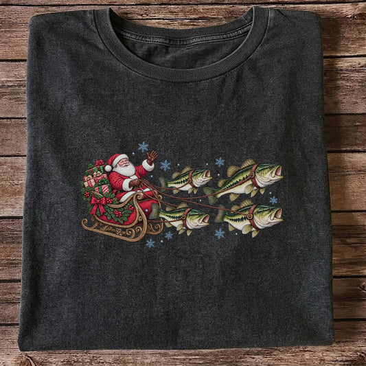 Santa in a Sleigh Pulled by Bass Christmas Fishing Graphic T-Shirt