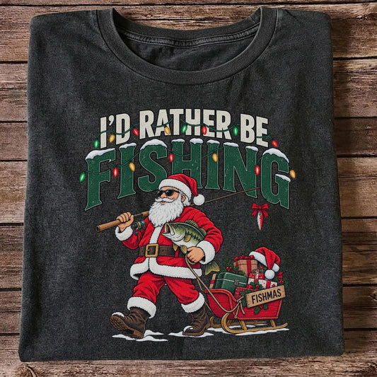 Santa Fishing with Bass Christmas Graphic T-Shirt