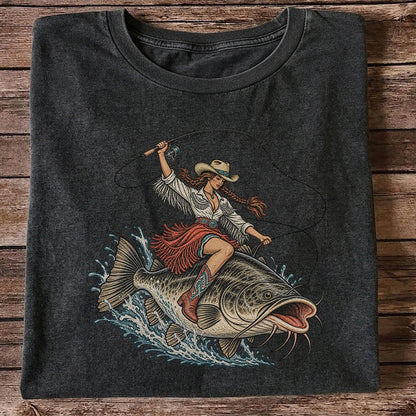 Cowgirl Riding a Largemouth Bass Fishing Graphic T-Shirt