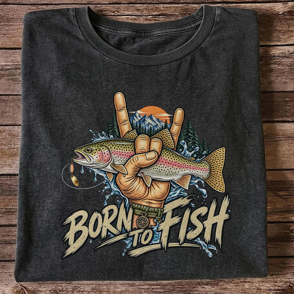 Born to Fish Rainbow Trout Rock Hand Sign Fishing T-Shirt