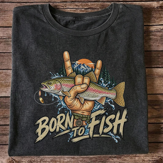 Born to Fish Rainbow Trout Rock Hand Sign Fishing T-Shirt